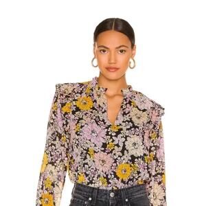 BB Dakota Floral Me Knot Top Long-Sleeve Blouse Split Neckline Ruffle Trim Sz S
